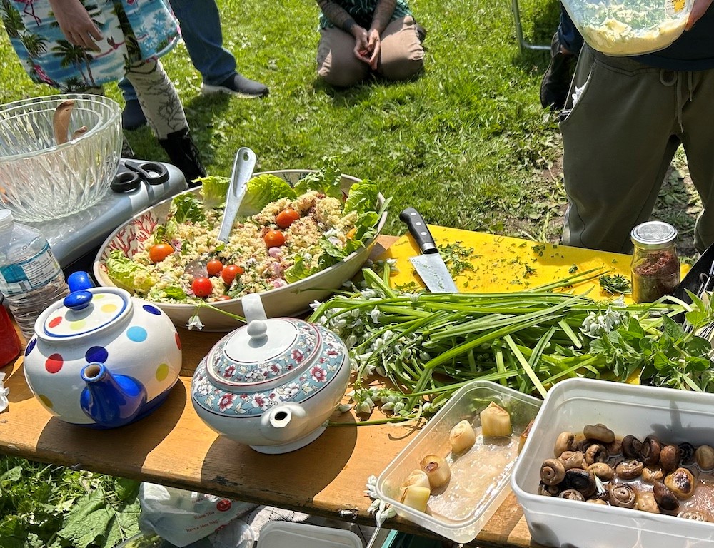 A picture of a table outside which show a picnic.